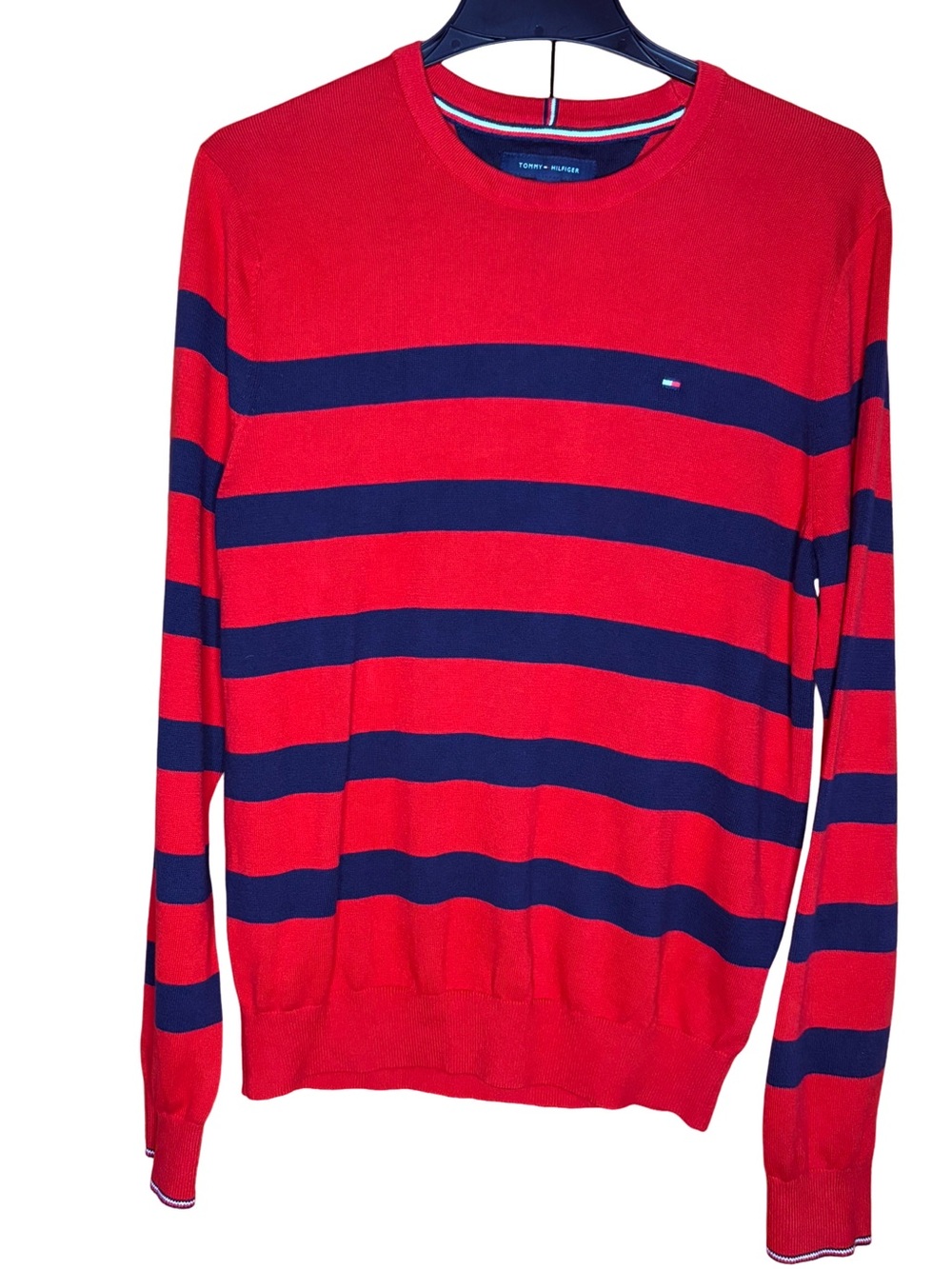 Tommy Hilfiger Men's Red Navy Blue Striped Crew Neck Sweater Size M